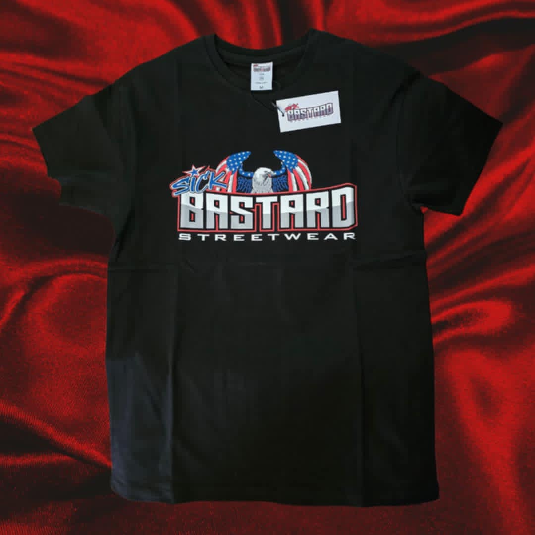 Sick Bastard Streetwear black unisex T-shirt with bold eagle graphic and patriotic slogan.