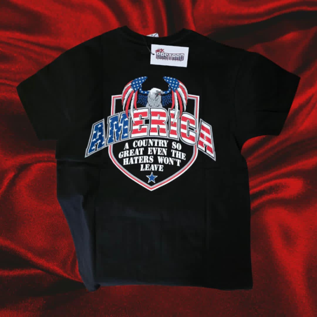 Black t-shirt by Sick Bastard Streetwear with bold eagle graphic, patriotic slogan, and flag design.