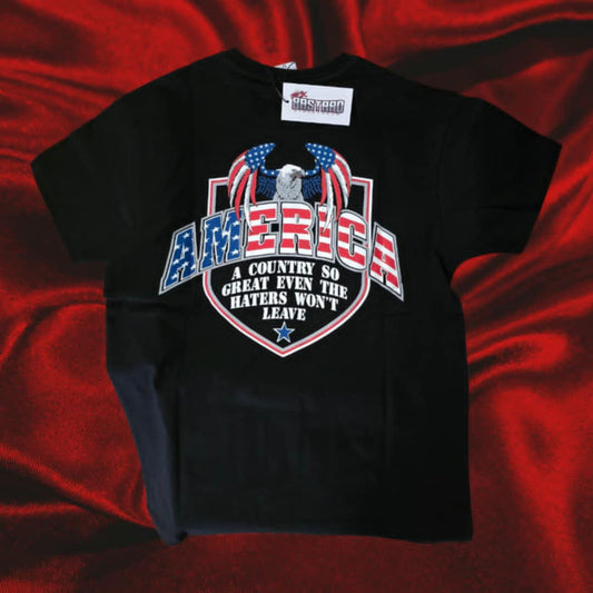 Black t-shirt by Sick Bastard Streetwear with bold eagle graphic, patriotic slogan, and flag design.