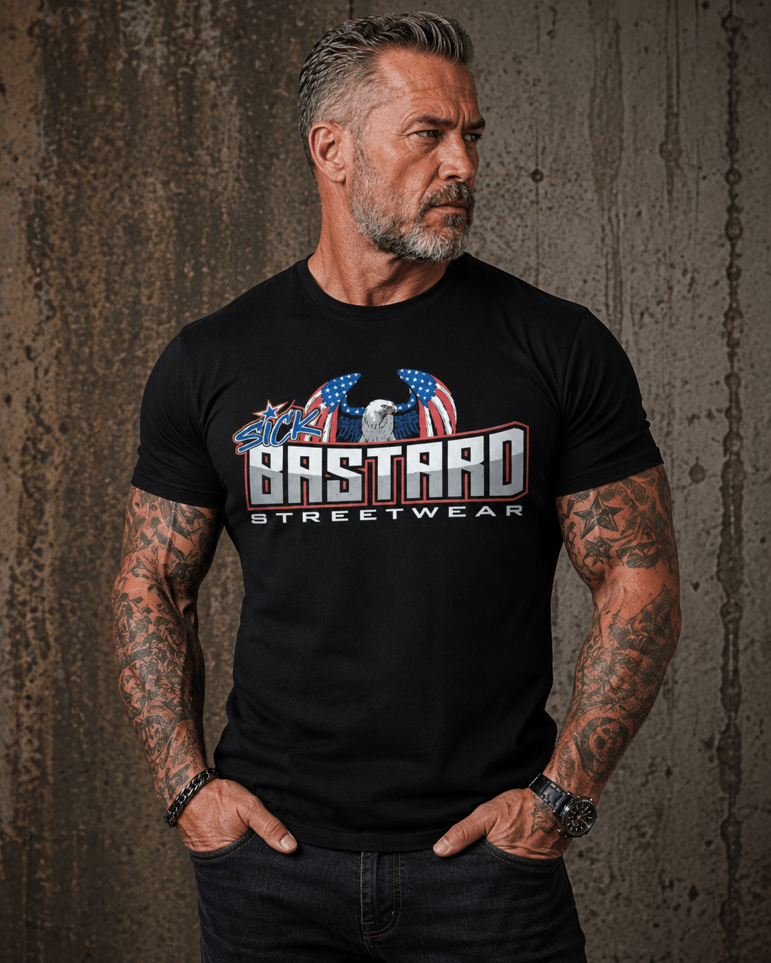 Bold Sick Bastard Streetwear t-shirt with eagle graphic and patriotic slogan on back