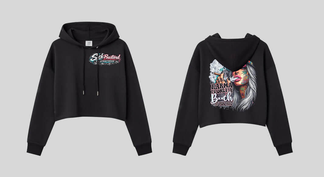 Black Karma Cropped Hoodie with bold tattooed smoking beauty graphic and "Karma is only a Bitch if you are" slogan, streetwear style