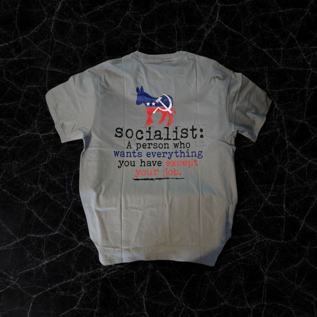 Gray "Socialist" T-shirt with satirical text and stylized donkey design.