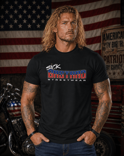 Black Sick American Bastard short sleeve T-shirt with patriotic red, white, and blue graphic design