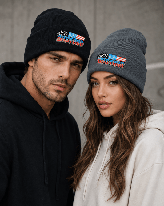Sick Bastard Flag Beanie displayed on a man and woman, showcasing the streetwear signature logo in bold colors.