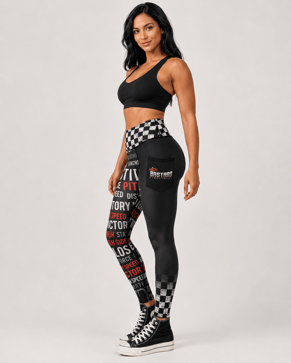 American Racing Leggings with distressed checkered flag waistband and cargo pocket sporty design