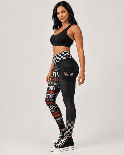American Racing Leggings with distressed checkered flag waistband and cargo pocket sporty design