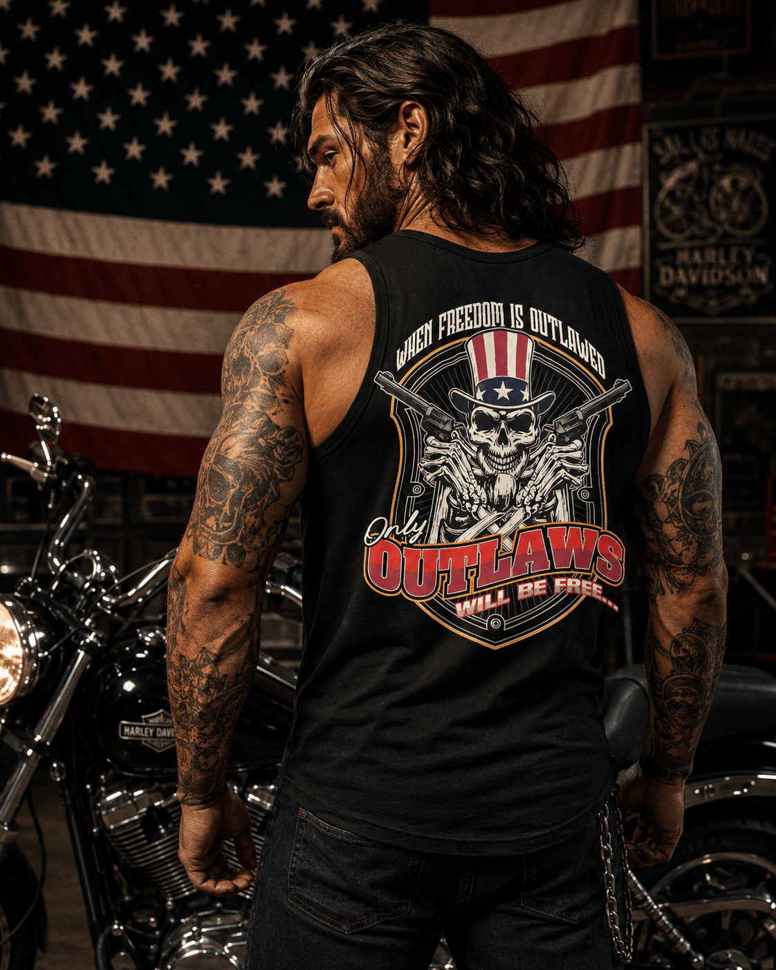 Man wearing a freedom outlawed tank top with a motorcycle, showcasing individuality and resistance.