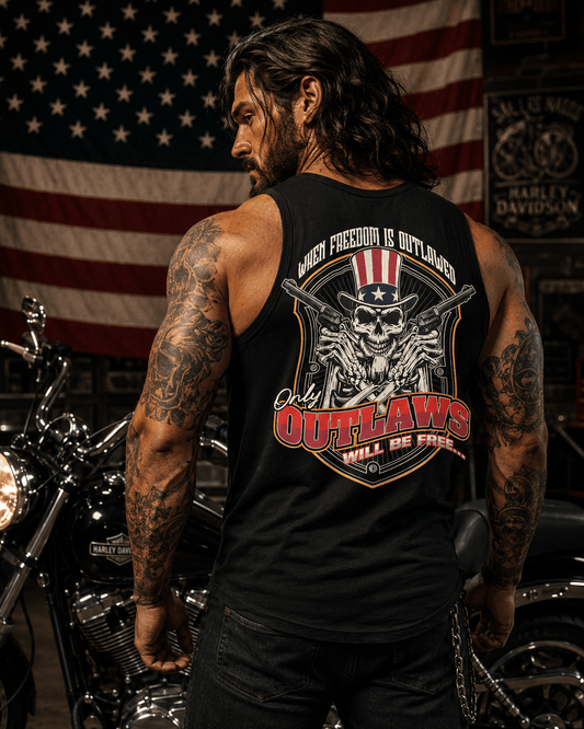 Man wearing a freedom outlawed tank top with a motorcycle, showcasing individuality and resistance.