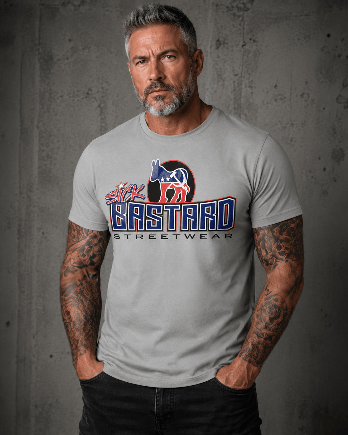 Gray short sleeve political satire t-shirt featuring Sick Bastard branding and stylized donkey, ideal for bold statements.