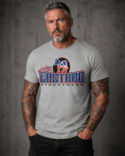 Gray short sleeve political satire t-shirt featuring Sick Bastard branding and stylized donkey, ideal for bold statements.