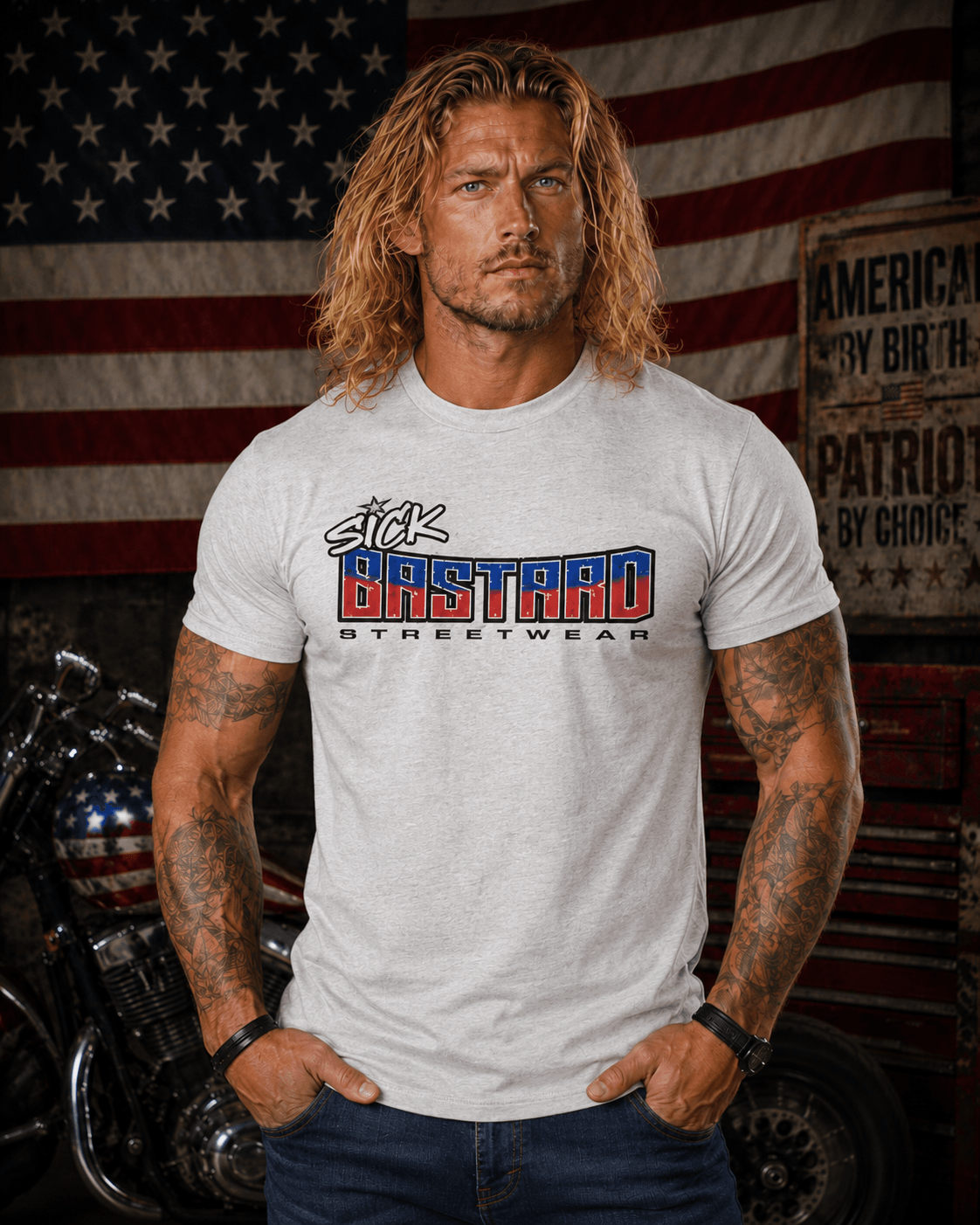 Sick American Bastard Short Sleeve T-shirt with bold red white and blue patriotic biker graphic on black cotton fabric