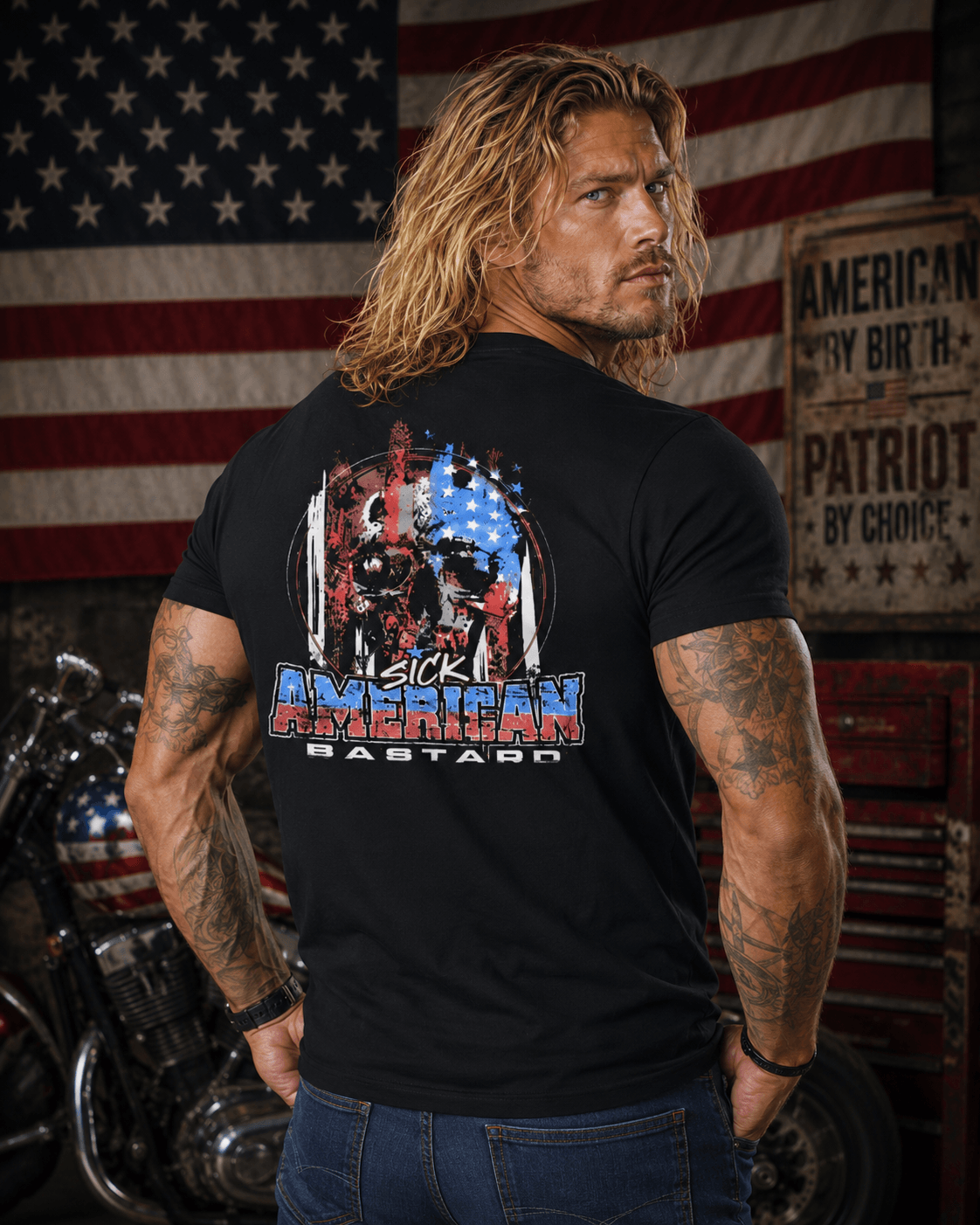Black Sick American Bastard short sleeve T-shirt with bold red, white, and blue patriotic graphic design