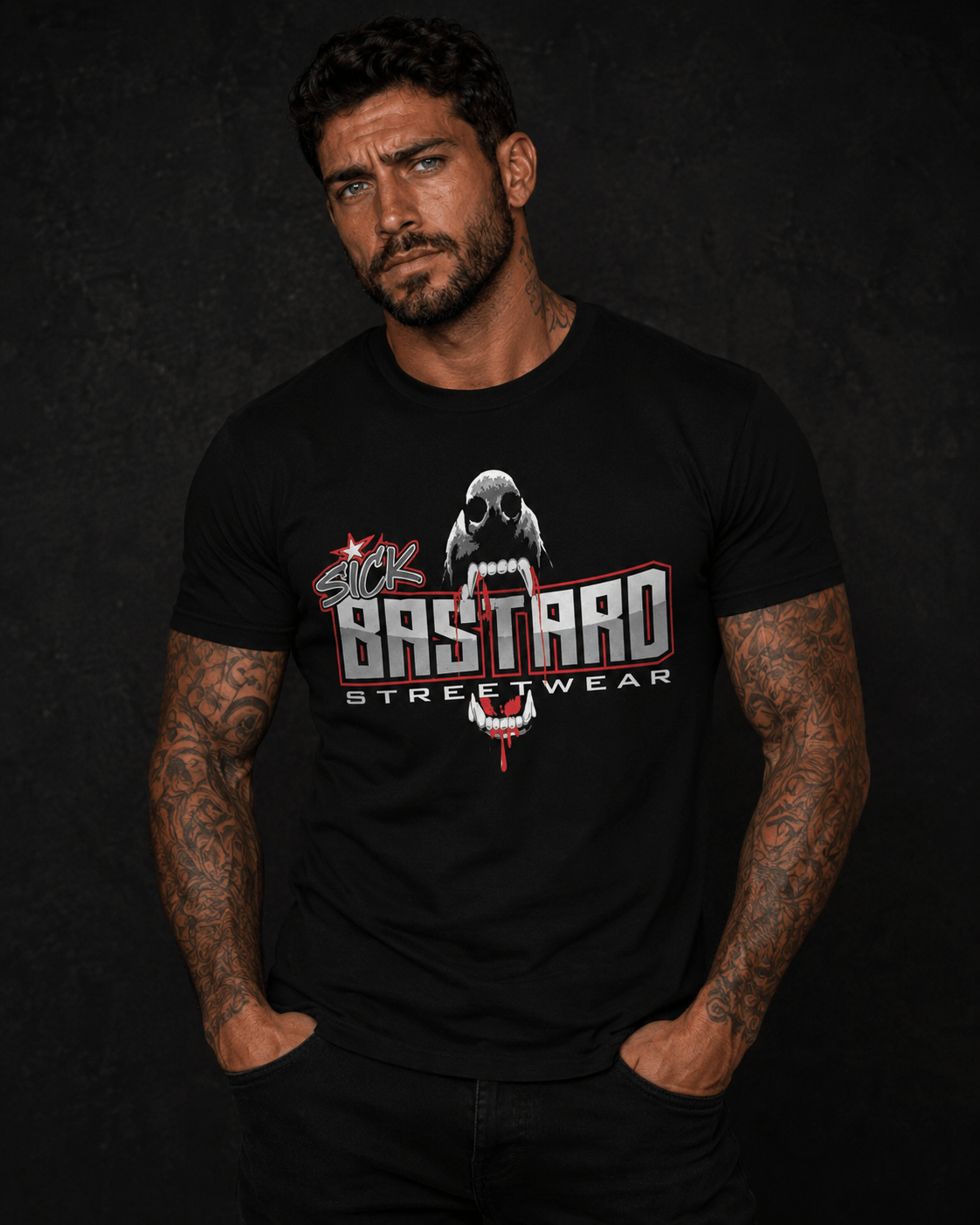 Man wearing DONT BARK IF YOU CANT BITE T-SHIRT by Sick Bastard Streetwear with a fierce graphic design.