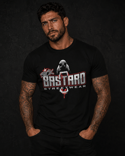 Man wearing DONT BARK IF YOU CANT BITE T-SHIRT by Sick Bastard Streetwear with a fierce graphic design.