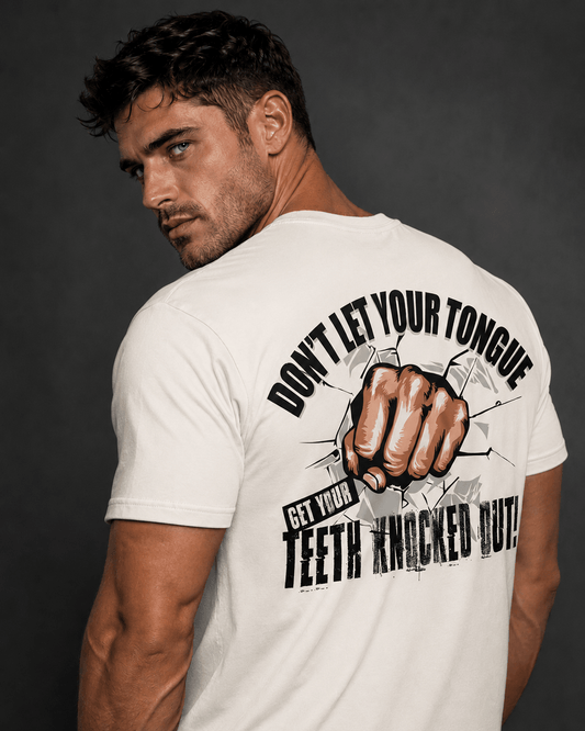 Quirky graphic t-shirt featuring bold text and fist design, perfect statement piece for edgy style.