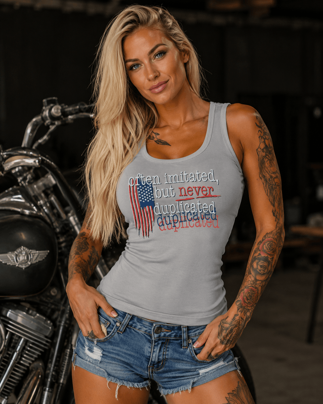 Woman wearing Often Imitated Never Duplicated backless tank top with distressed American flag graphic and open back design