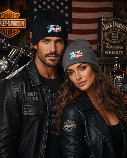 American AF Beanie in black with red, white, and blue embroidered text, made of 100% acrylic for warmth and snug fit.