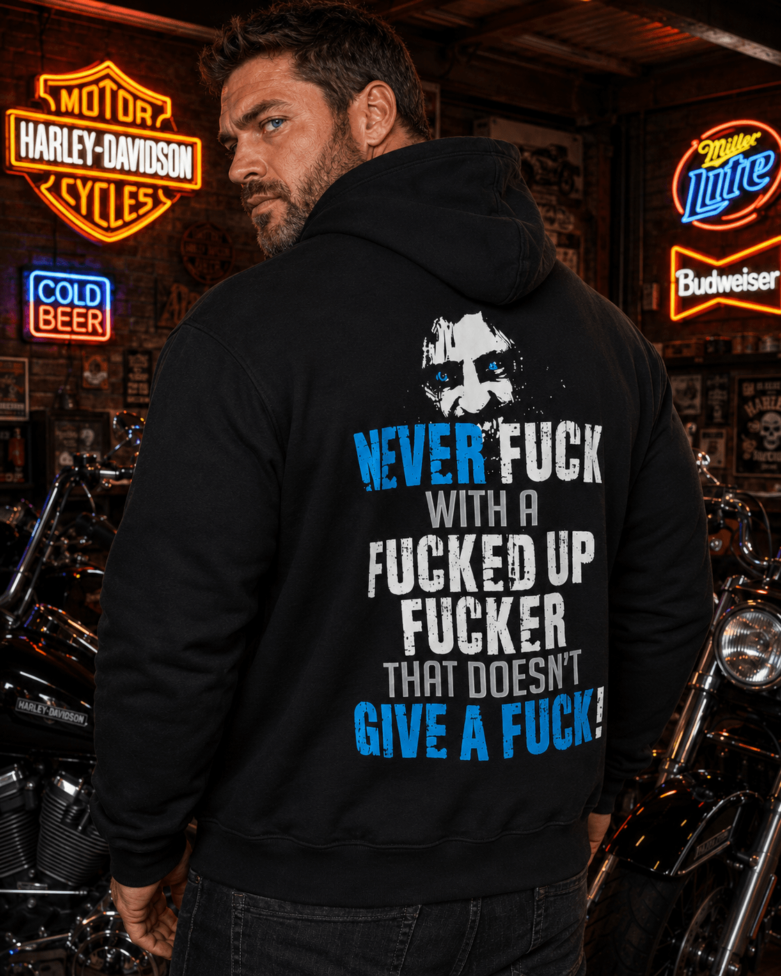 Never Fuck With a Fucked Up Fucker Hoodie in black with bold text and front pockets from Sick Bastard Streetwear