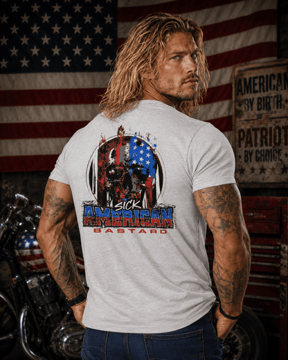 Sick American Bastard short sleeve T-shirt with patriotic red, white, and blue biker graphic design on black cotton fabric