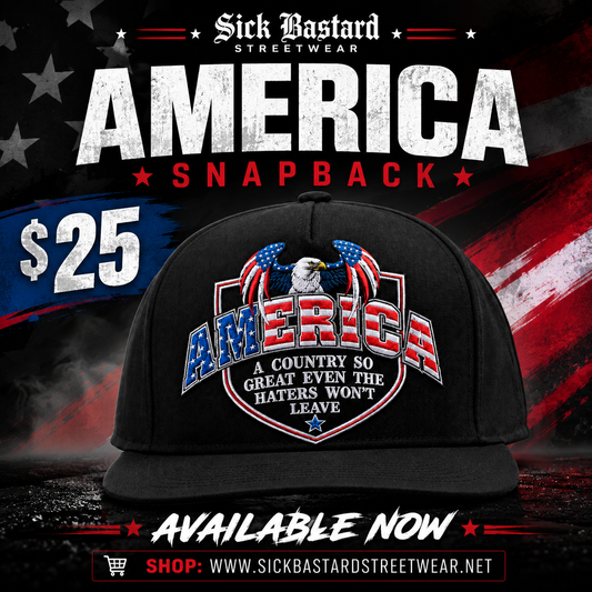 Black snapback cap with embroidered eagle and distressed American flag lettering saying Haters Won’t Leave