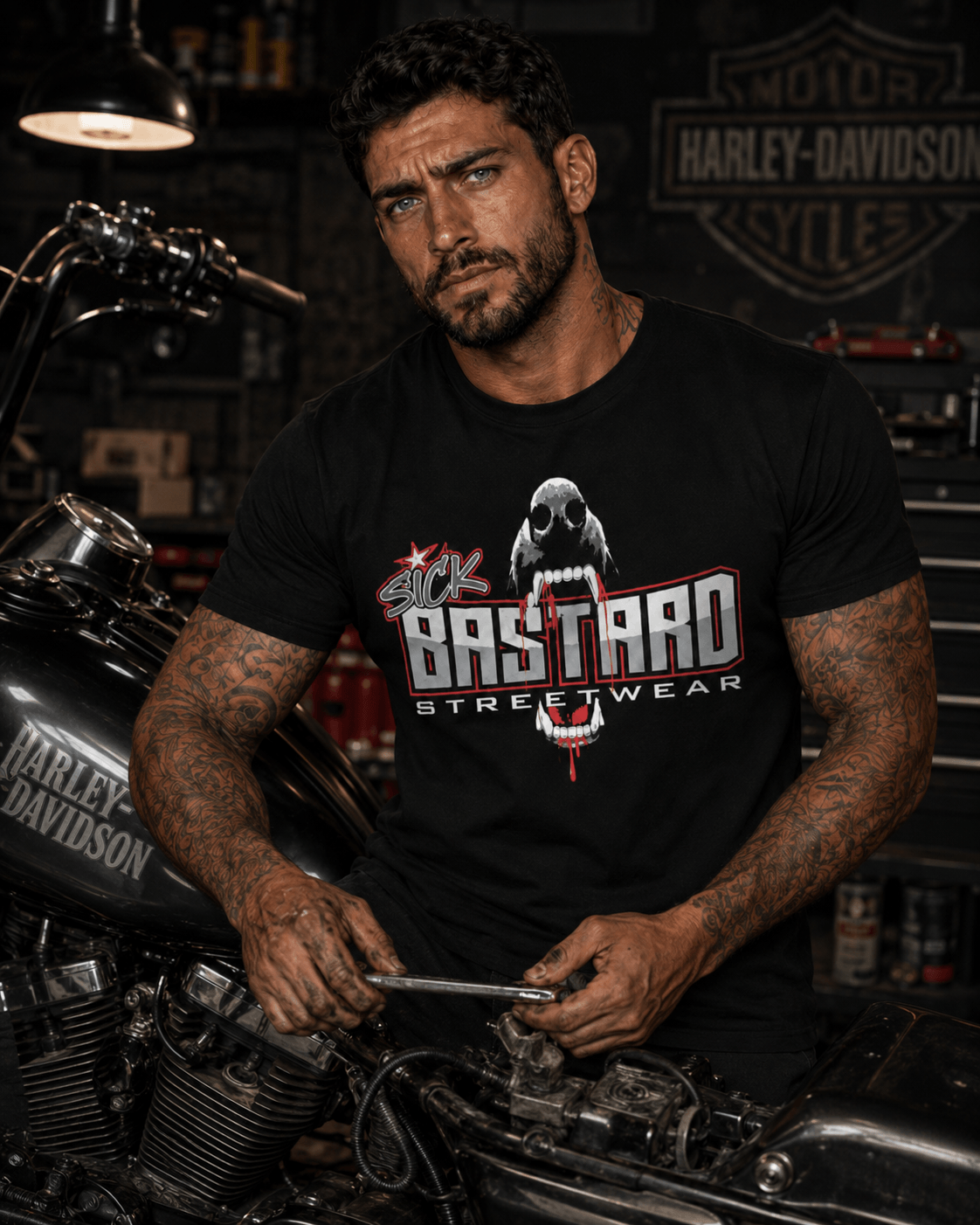 Model wearing DONT BARK IF YOU CANT BITE T-SHIRT by Sick Bastard Streetwear, standing next to a motorcycle.