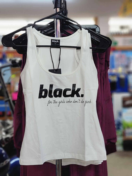black graphic tank top displayed on a rack, featuring a bold statement for girls who don't do pink.