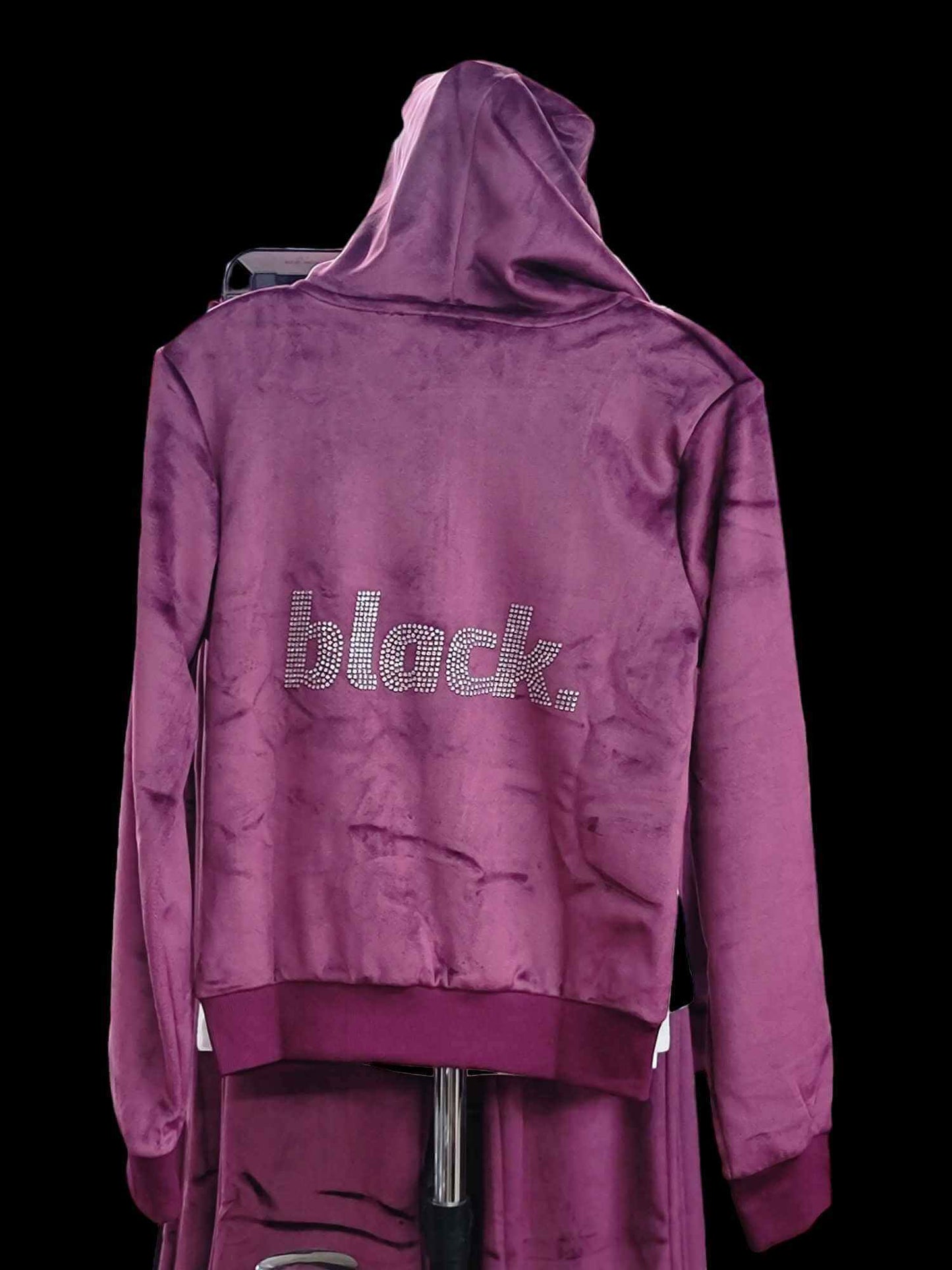 black velour track jacket clearance sale - stylish purple track jacket with oversized hood and rhinestone detailing.