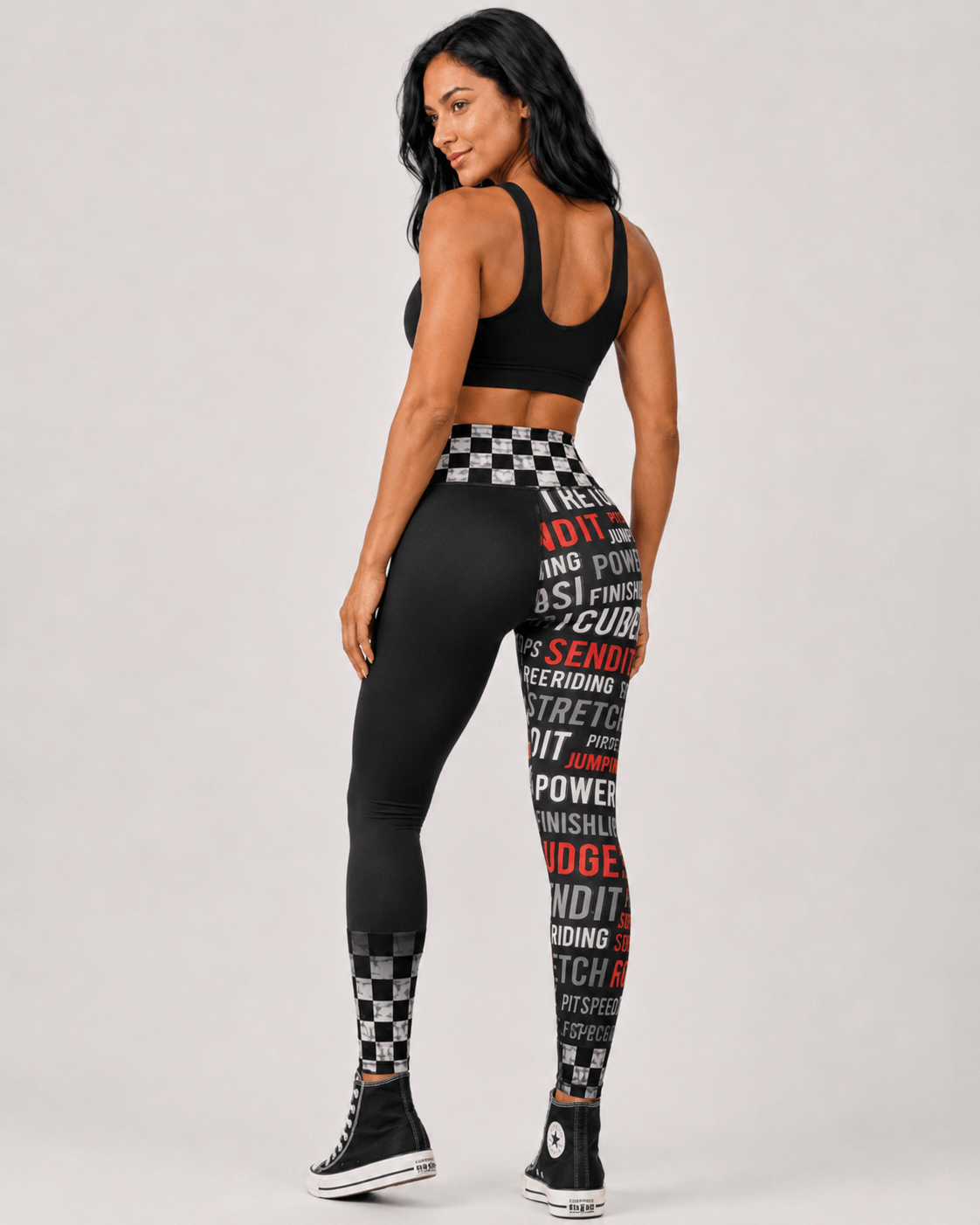 Black American Racing Leggings with distressed checkered flag waistband and cargo pocket from Sick Bastard Streetwear
