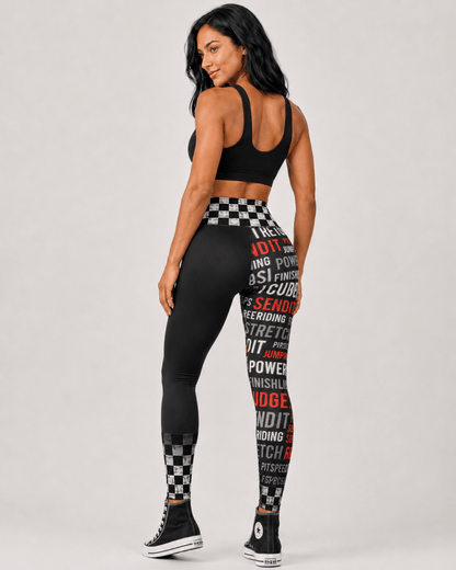 Black American Racing Leggings with distressed checkered flag waistband and cargo pocket from Sick Bastard Streetwear