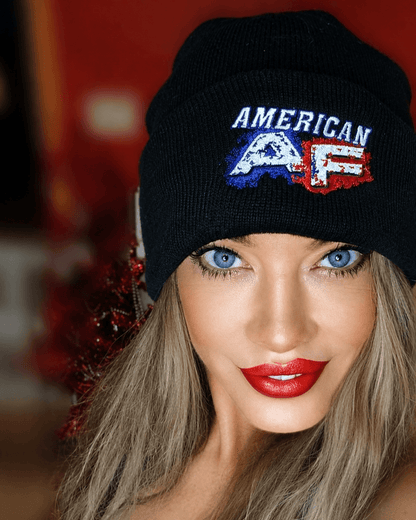 Black and gray American AF Beanie with red, white, and blue embroidery for bold streetwear style