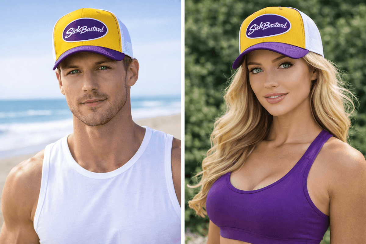 Purple and gold snapback hat displayed on models at the beach and outdoors, showcasing bold style and signature Sick Bastard logo.