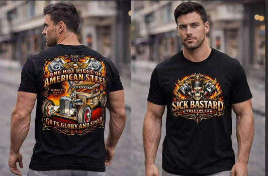 Short sleeve graphic tee featuring American Steel design with vintage truck and bold logo from Sick Bastard Streetwear.