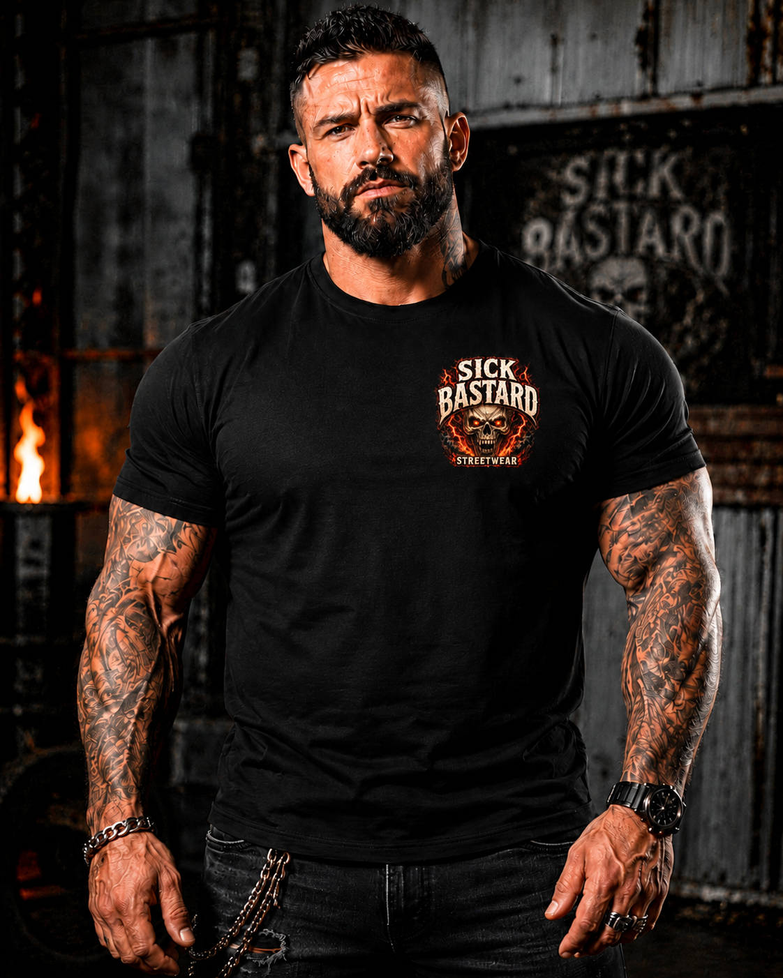 Hell Was Full So I Came Back T-Shirt model wearing Sick Bastard Streetwear with tattoos and a serious expression.