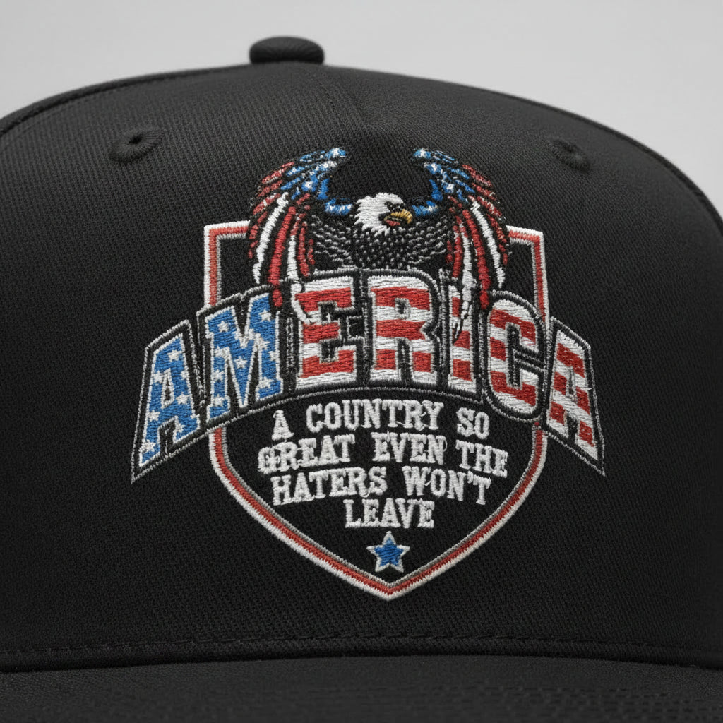 Snapback caps featuring a patriotic design with 'America' text and eagle emblem, ideal for bold statement wear.