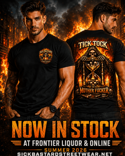 Trendy graphic tee featuring the Tick Tock Mother Fucker design by Sick Bastard Streetwear, showcasing a grim reaper and hourglass.
