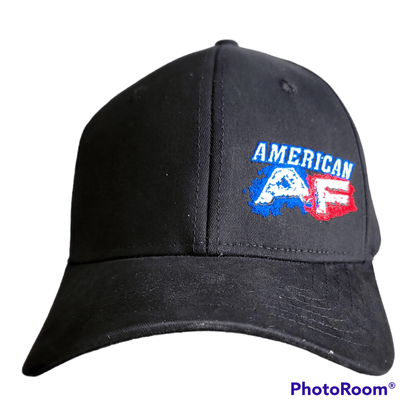 American AF flexfit hat featuring a curved bill with a bold logo in red, white, and blue.