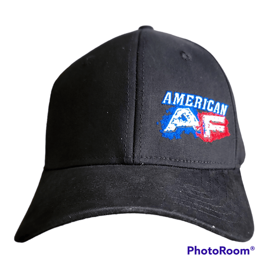 American AF flexfit hat featuring a curved bill with a bold logo in red, white, and blue.