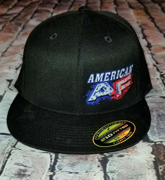 American flag flexfit hat featuring an embroidered American AF logo on a black flat bill design.