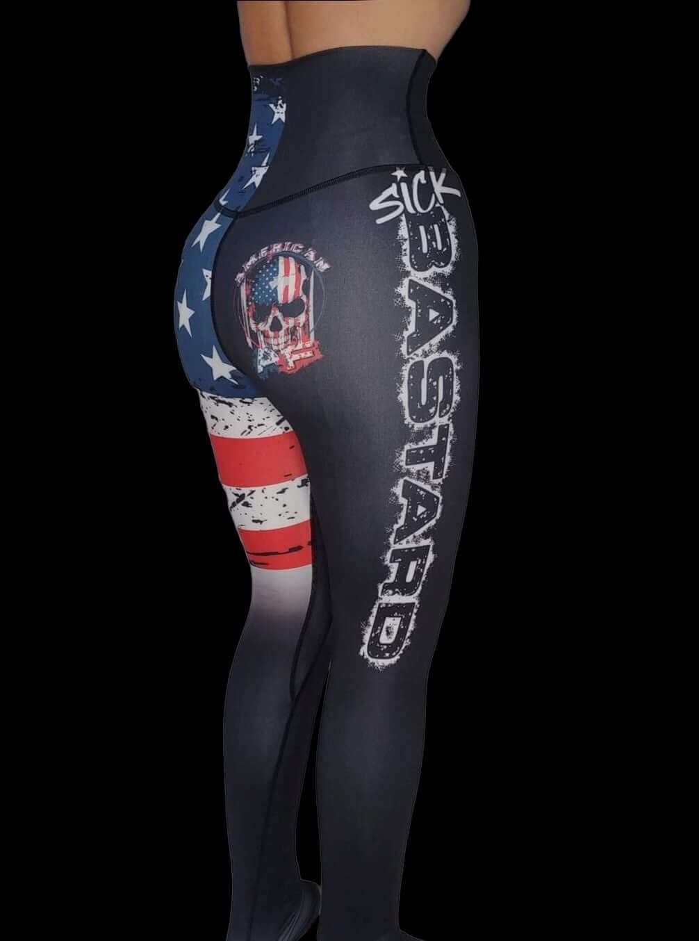 American AF leggings featuring red, white, and blue patriotic design and the Sick Bastard logo, perfect patriotic leggings.
