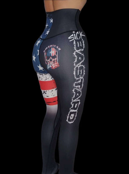American AF leggings featuring red, white, and blue patriotic design and the Sick Bastard logo, perfect patriotic leggings.