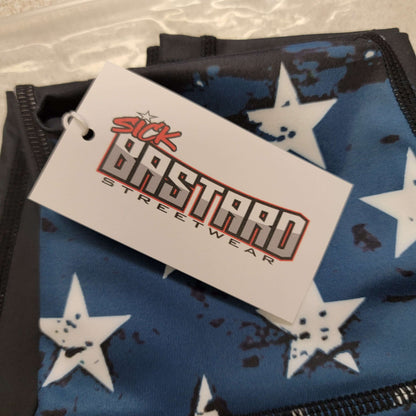 Sick Bastard Streetwear tag on American AF leggings featuring blue and white stars, representing patriotic leggings.