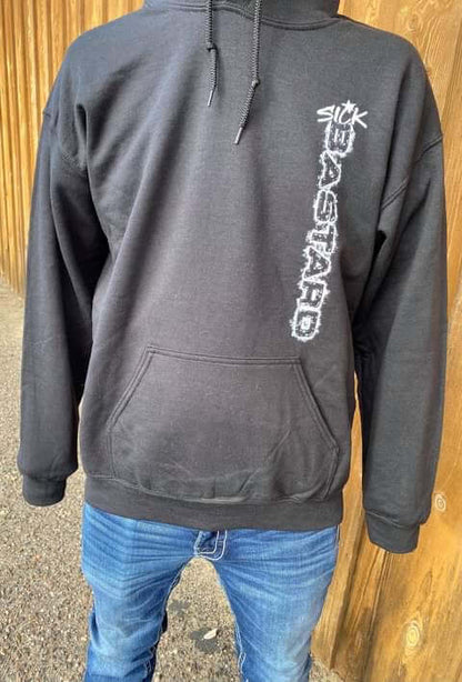 Men's fashion hoodies featuring the Sick Bastard logo on a black pullover hoodie.