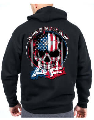 Back view of American AF hoodie featuring a skull graphic, perfect for men's fashion hoodies.
