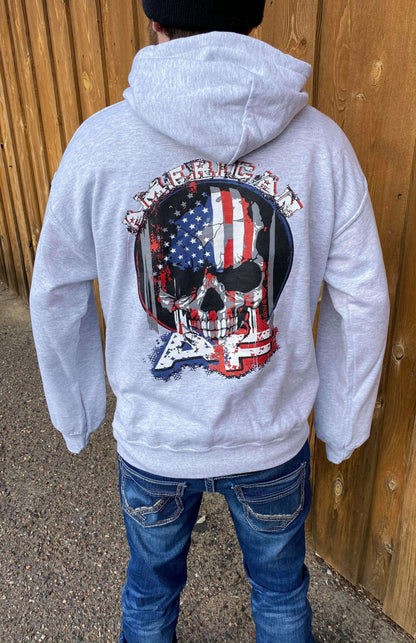 Back view of a man wearing the American AF Pullover Hoodie, featuring a skull design with the American flag, perfect for men's fashion hoodies.