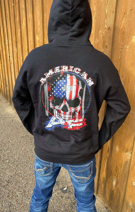 Back view of American AF Pullover Hoodie featuring a skull and American flag design, perfect for men's fashion hoodies.