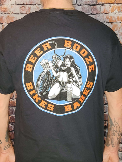 Beer Bikes Shirt displaying a striking design featuring a girl, beer, and a motorcycle on the back.