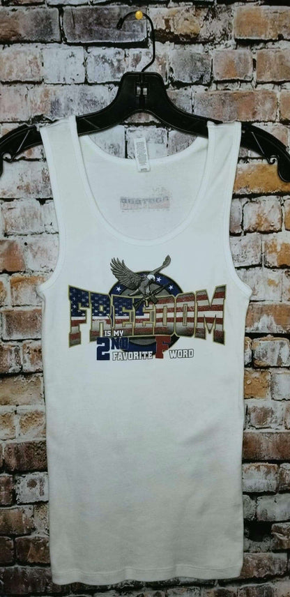 Freedom tank top for women featuring bold graphics and patriotic design on a white background.