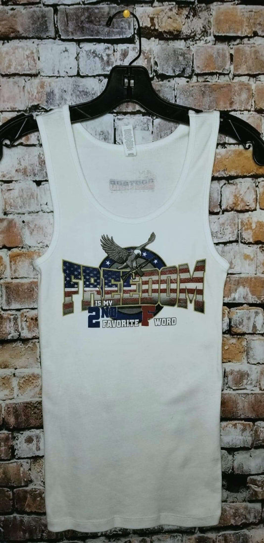 Freedom tank top for women featuring bold graphics and patriotic design on a white background.