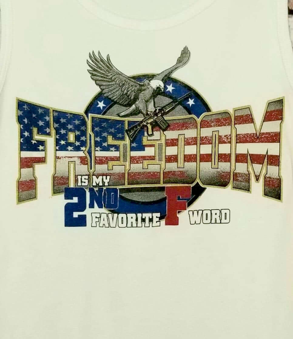Freedom tank top for women featuring bold graphic design with eagle and patriotic colors.