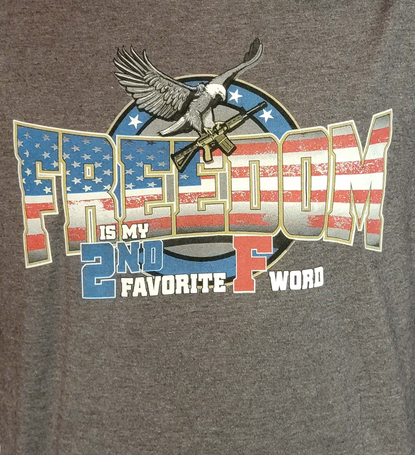 Freedom long sleeve shirt featuring eagle and American flag design, declaring 'Freedom is my 2nd Favorite F Word'.